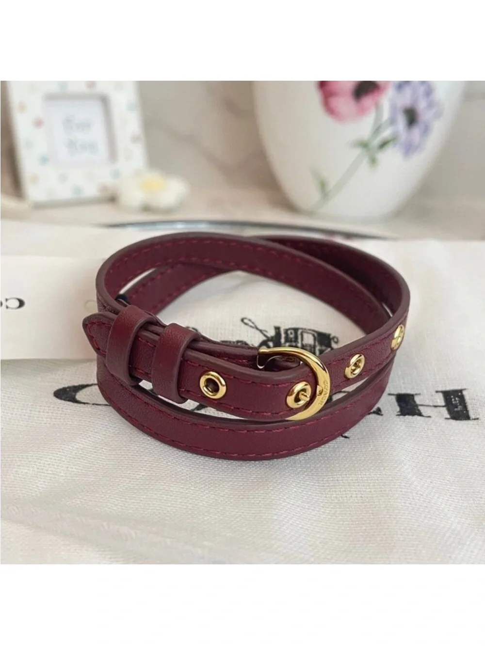Coach Burgundy Double-Wrap Leather Buckle Bracelet Dust Bag